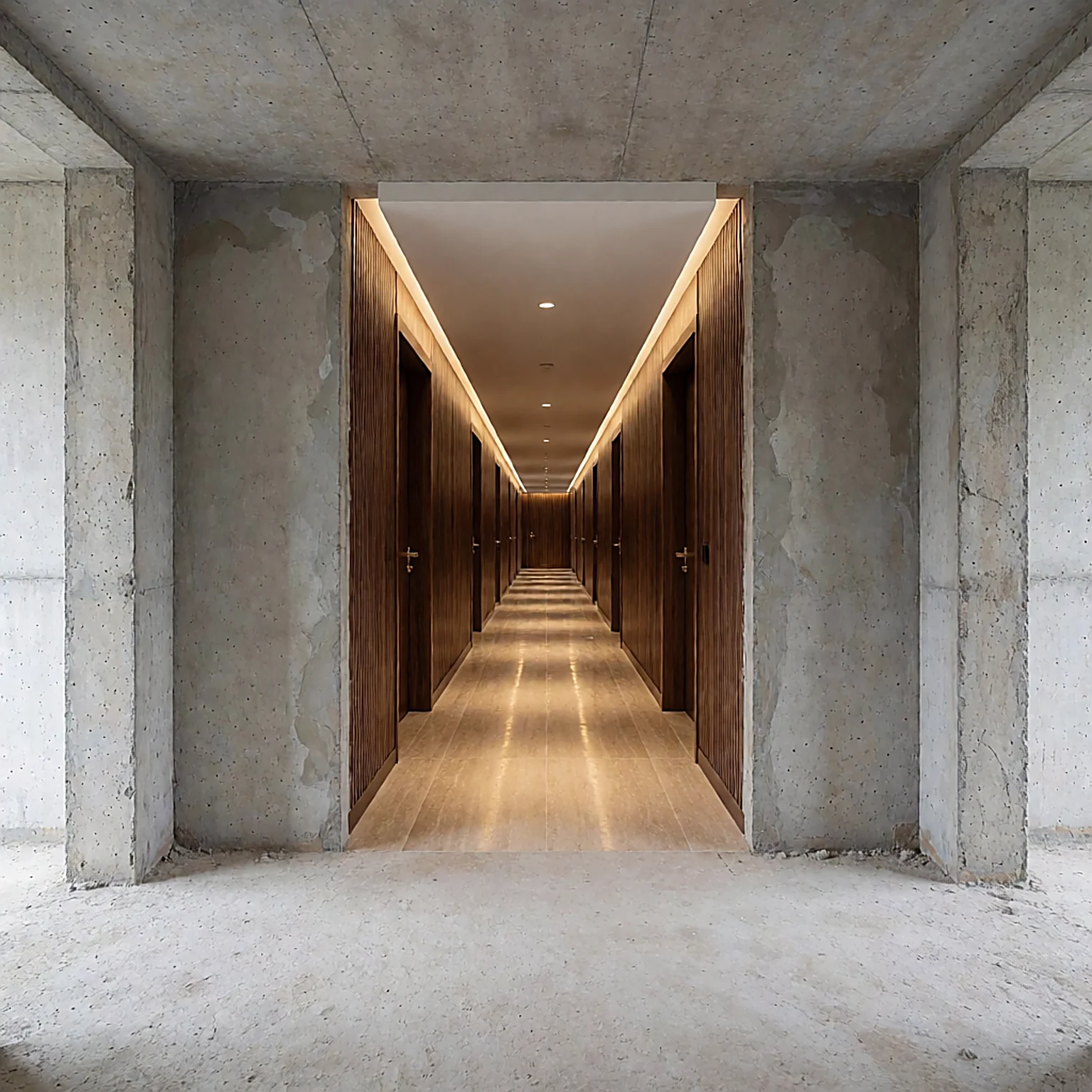 Raw concrete shell resolving into a finished corridor of timber, stone and warm light