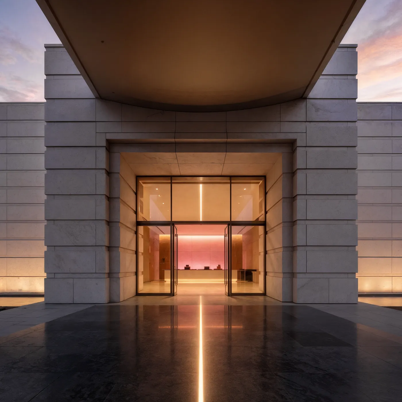 Stone hotel entrance portal at dusk with warm light from the lobby
