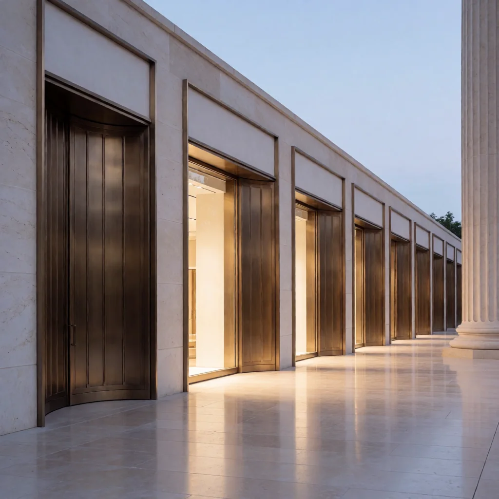 Receding row of bronze boutique portals along a stone colonnade
