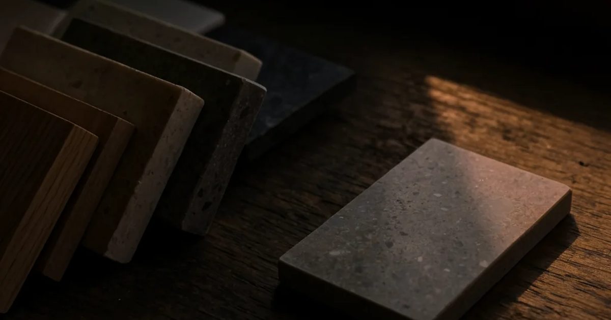 Material samples drifting apart on a dark surface