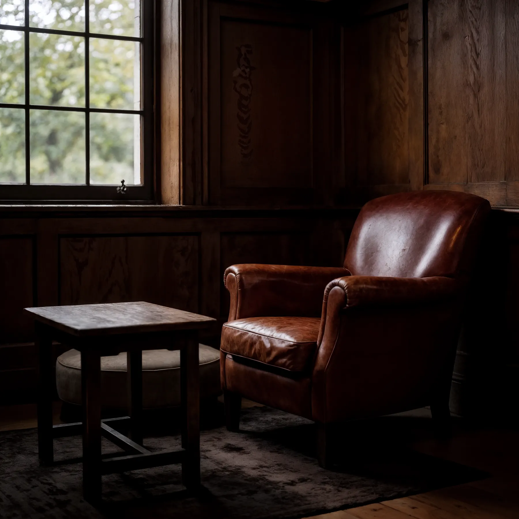 Quiet corner of a panelled room with a leather armchair by a window
