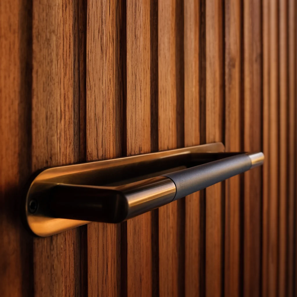Bronze door handle on a fluted timber door